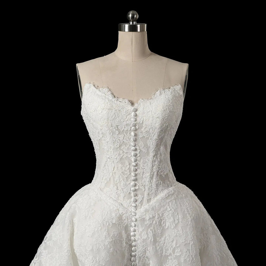 White Floral Lace Strapless Bridal Gown Sweetheart Neckline Front Button Ball Gown SW742