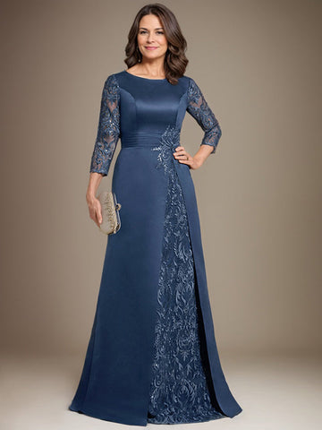 A-Linie U-Ausschnitt Bodenlang Spitze Satin Kleid für die Brautmutter mit Applikation 