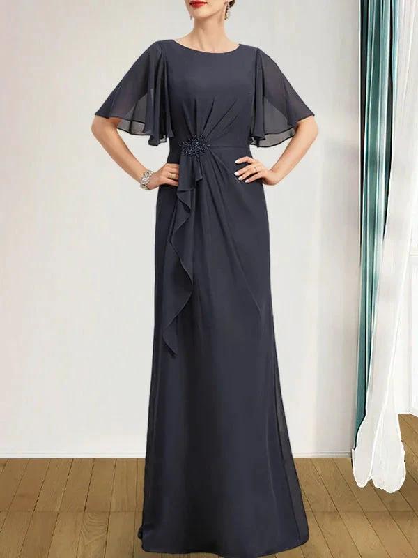 A-line Scoop Floor-Length Chiffon Mother of the Bride Dress With Cascading Ruffles Beading Sequins by Dreamylily