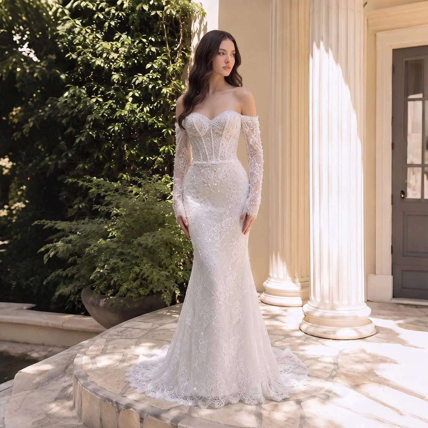 White Boho Romantic Lace Mermaid Wedding Dress Beaded Sequins With Lace Train SW627