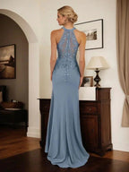 Dusty Blue Sheath Halter Long Mother of Bride Dress With Appliques by Dreamylily