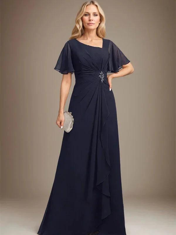 Vestido de Mãe da Noiva em Chiffon Assimétrico Comprido até ao Chão com Corte em A, Bordado com Pregas e Lantejoulas