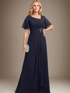 Vestido de Mãe da Noiva em Chiffon Assimétrico Comprido até ao Chão com Corte em A, Bordado com Pregas e Lantejoulas