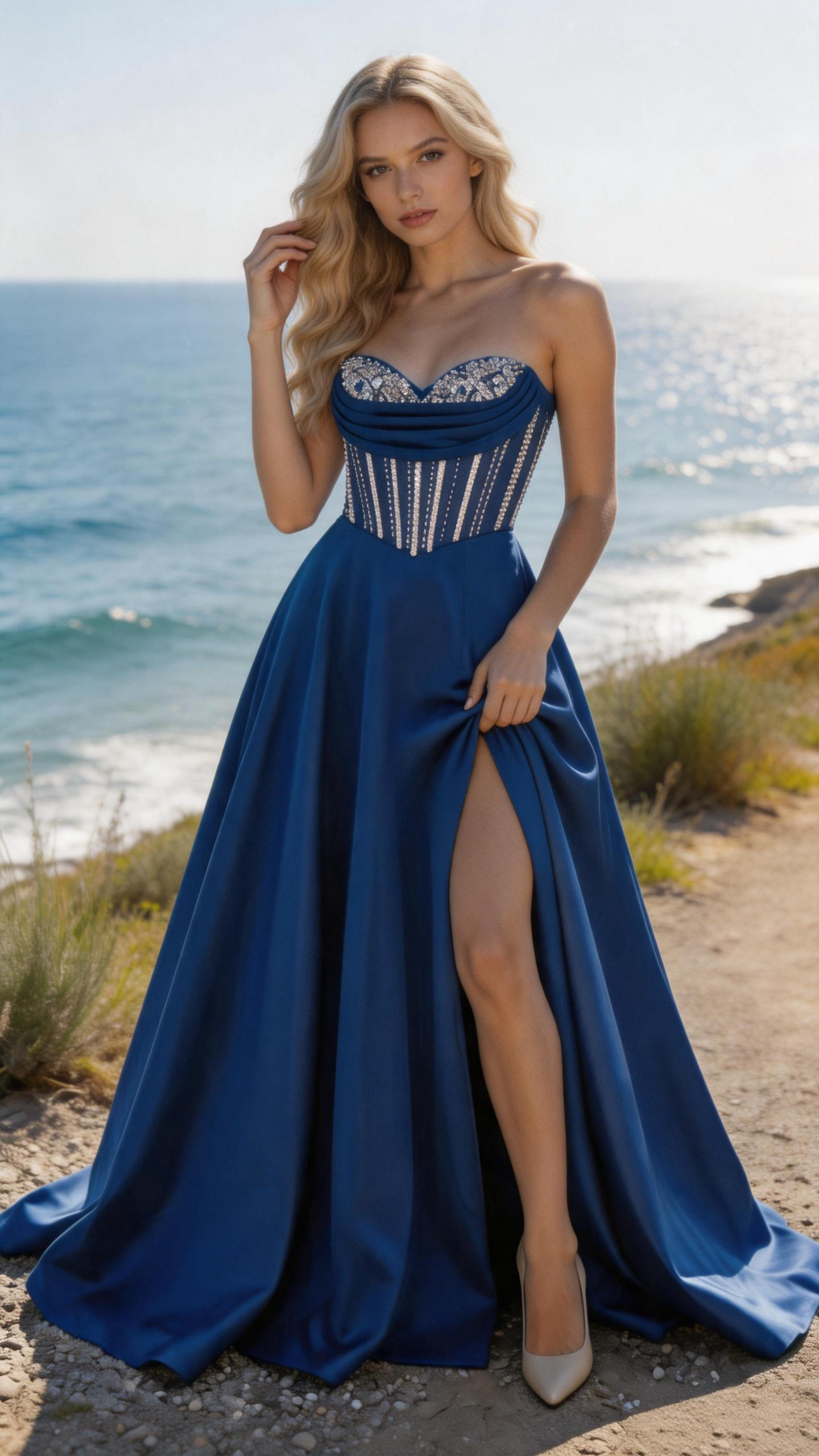 Dusty Blue Chiffon Gown With Lace Bodice by ZAPDRESS