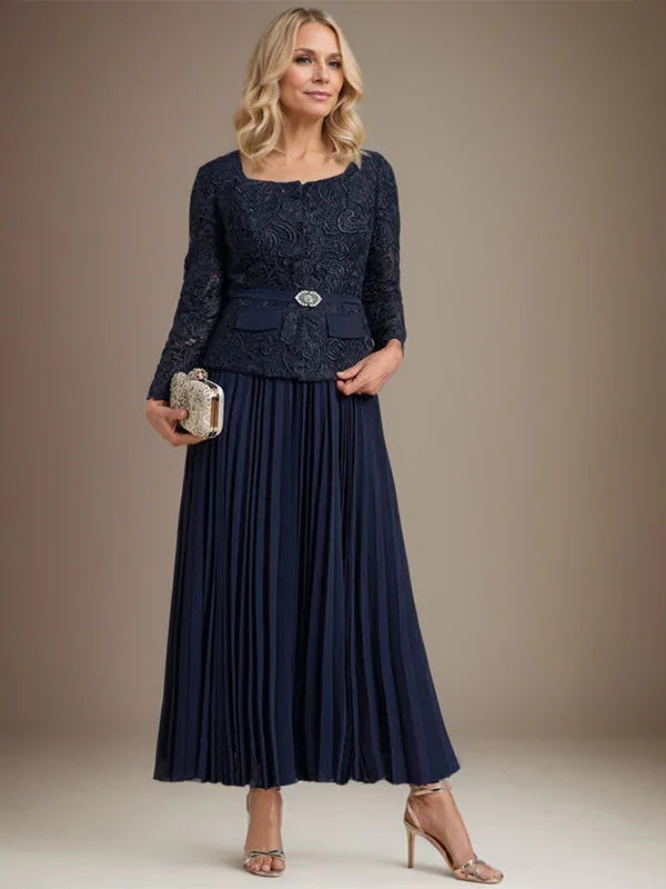 Vestido de gasa para madre de la novia con corte A, cuadrado, largo hasta los tobillos, con pliegues 