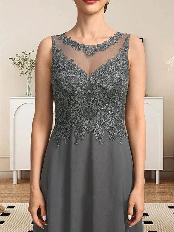 A-line Scoop Illusion Floor-Length Lace Chiffon Mother of the Bride Dress With Sequins by Dreamylily