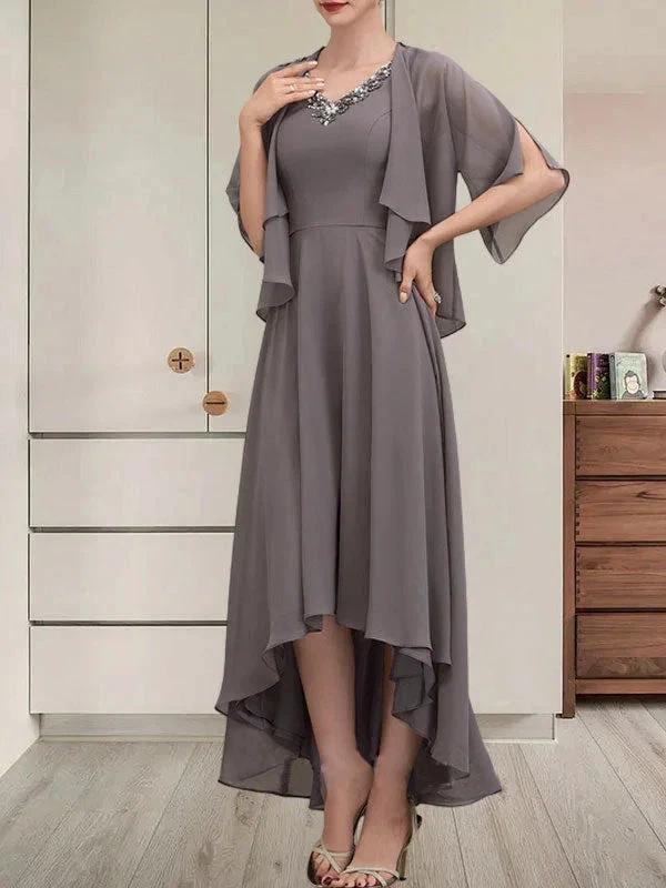 A-line V-Neck Asymmetrical Chiffon Mother of the Bride Dress With Beading Sequins by Dreamylily