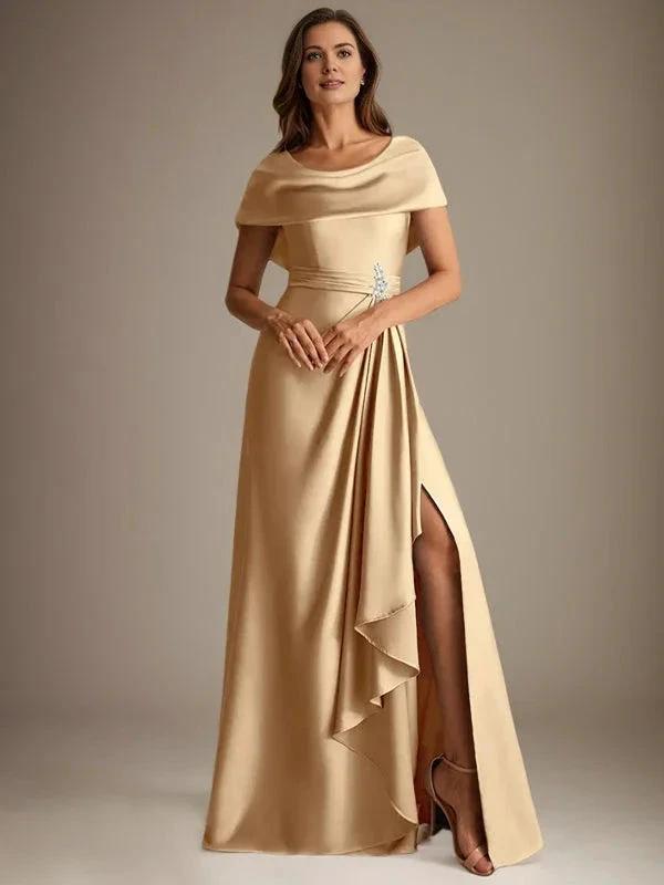 A-Line Scoop Floor-Length Stretch Satin Mother of the Bride Dress With Cascading Ruffles by Dreamylily
