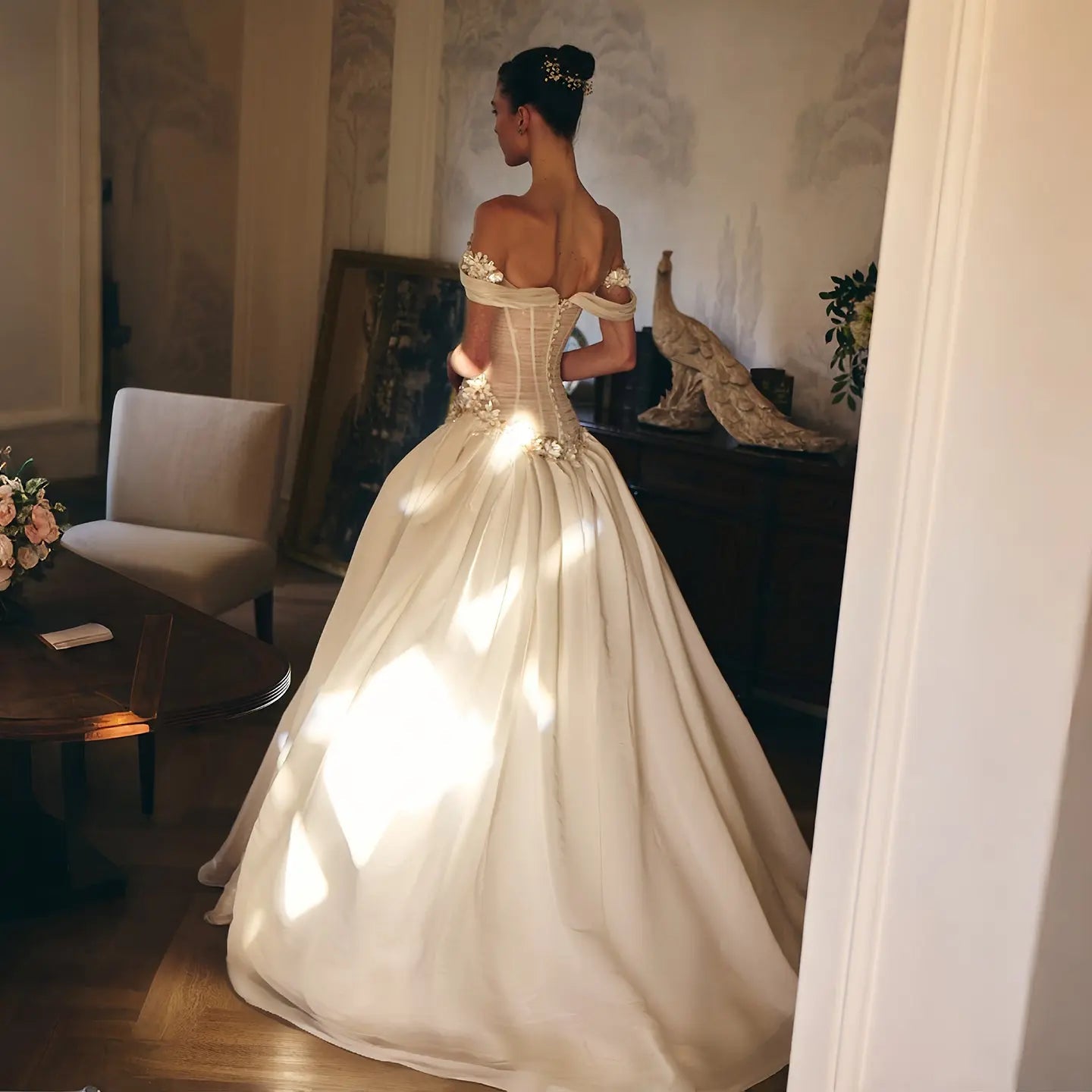 Elegant Ivory Off-the-Shoulder Floral Lace Ball Gown Wedding Dress SW229