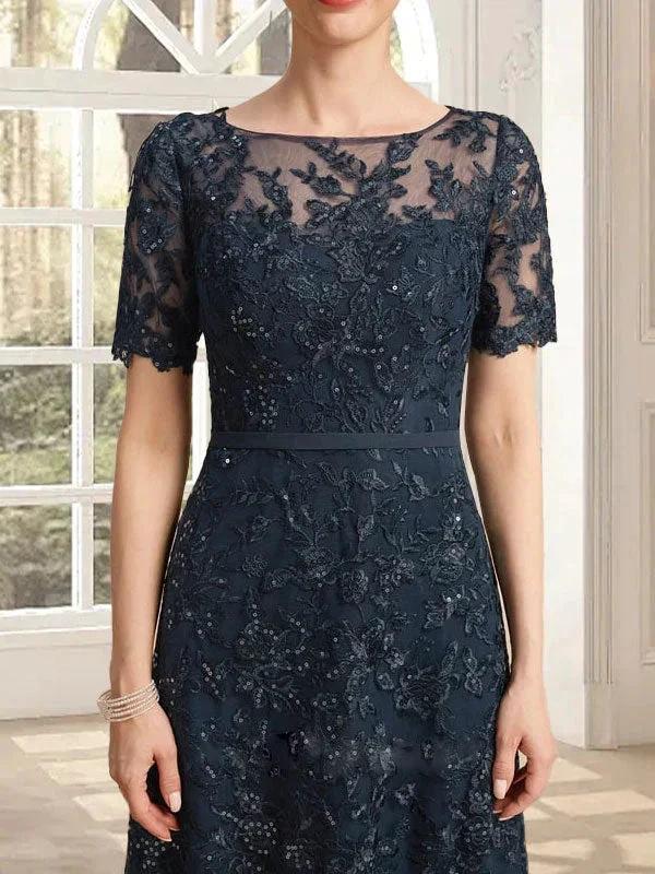 A-line Scoop Illusion Tea-Length Lace Mother of the Bride Dress With Sequins by Dreamylily