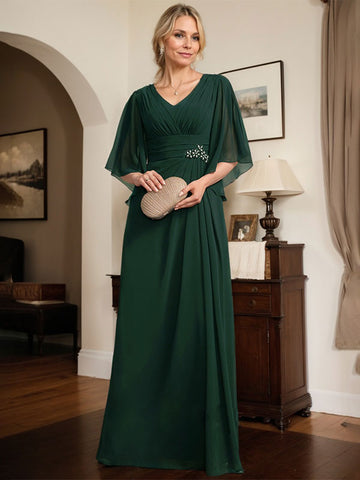 Vestido de gasa para madre de la novia, con escote en V, largo hasta el suelo, con lentejuelas plisadas y abalorios