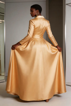Champagne Satin Lapel Neck Wrap Waist A-Line Maxi Formal Evening Gown by tangjianjun