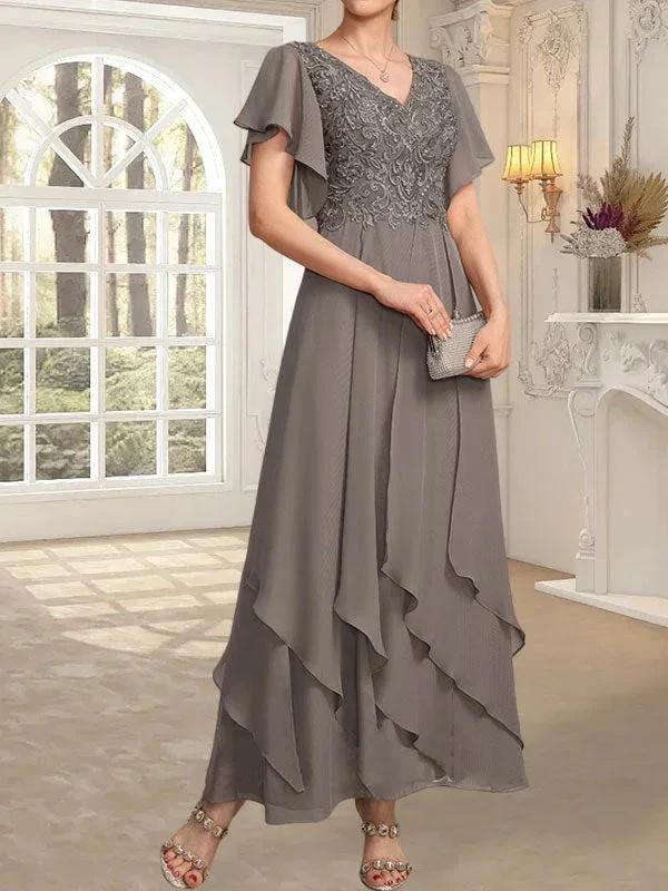 A-line V-Neck Ankle-Length Lace Chiffon Mother of the Bride Dress With Cascading Ruffles by Dreamylily