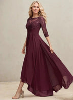 A-line Scoop Illusion Asymmetrical Lace Chiffon Mother of the Bride Dress With Pleated Sequins by Dreamylily