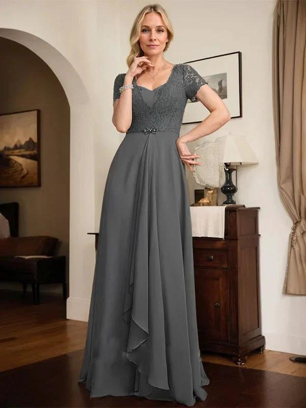 A-line Sweetheart Floor-Length Chiffon Lace Mother of the Bride Dress With Beading Cascading Ruffles by Dreamylily