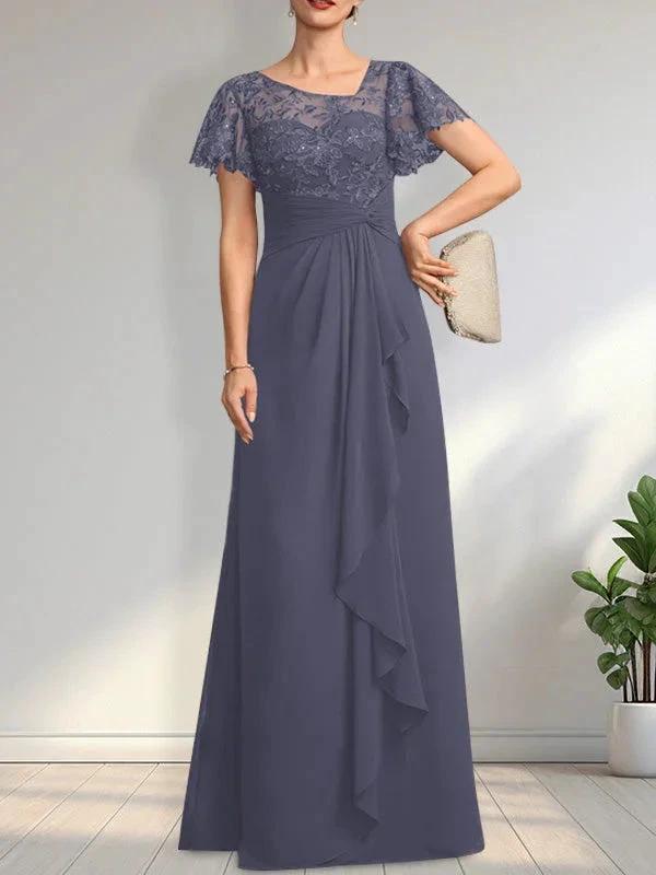 A-line Asymmetrical Illusion Floor-Length Lace Chiffon Mother of the Bride Dress With Cascading Ruffles Sequins by Dreamylily