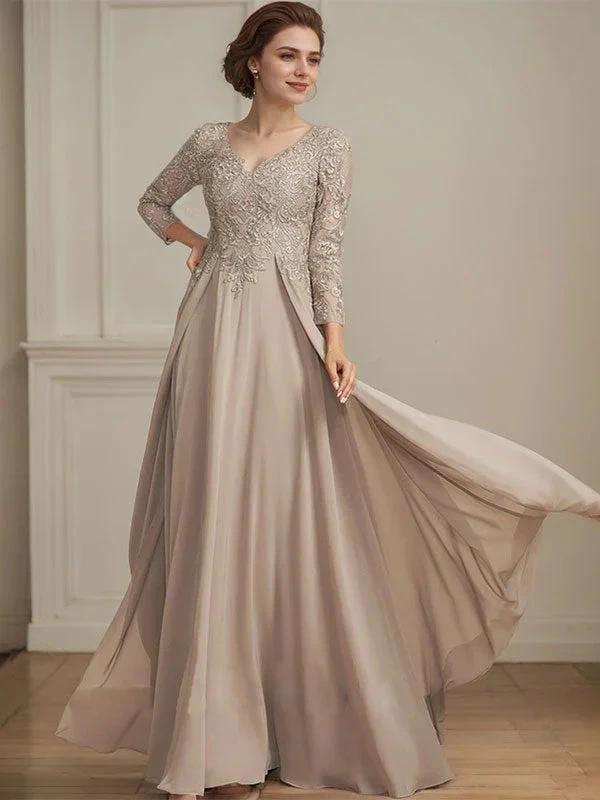 A-line V-Neck Floor-Length Lace Chiffon Mother of the Bride Dress With Sequins by Dreamylily