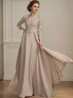 A-line V-Neck Floor-Length Lace Chiffon Mother of the Bride Dress With Sequins by Dreamylily