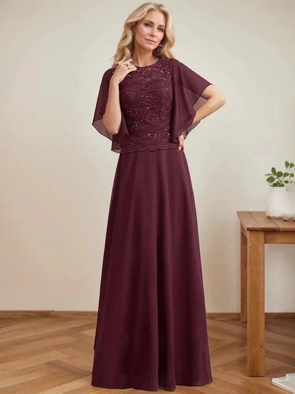 A-line Scoop Illusion Floor-Length Lace Chiffon Mother of the Bride Dress With Sequins by Dreamylily