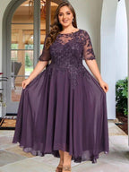 A-line Scoop Illusion Asymmetrical Chiffon Lace Mother of the Bride Dress With Sequins by Dreamylily