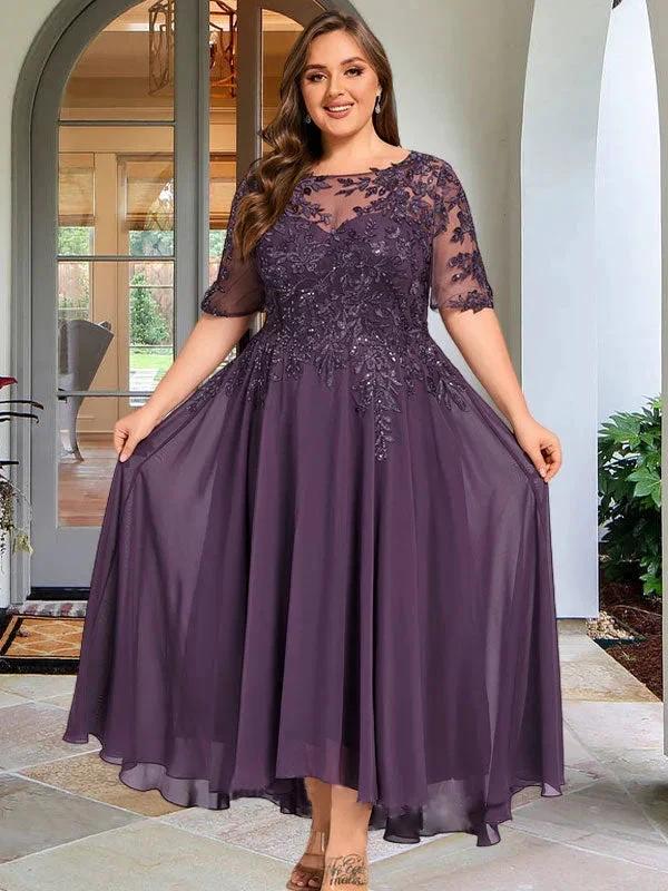 A-line Scoop Illusion Asymmetrical Chiffon Lace Mother of the Bride Dress With Sequins by Dreamylily