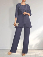 Jumpsuit/Pantsuit Separates Scoop Floor-Length Chiffon Lace Mother of the Bride Dress With Sequins by Dreamylily