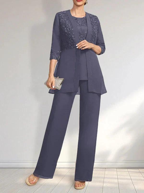 Jumpsuit/Pantsuit Separates Scoop Floor-Length Chiffon Lace Mother of the Bride Dress With Sequins by Dreamylily