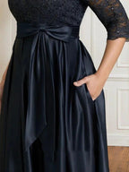 A-line V-Neck Floor-Length Satin Lace Mother of the Bride Dress With Sequins Bow by Dreamylily