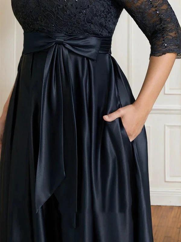 A-line V-Neck Floor-Length Satin Lace Mother of the Bride Dress With Sequins Bow by Dreamylily