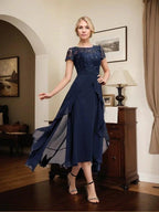 A-line Scoop Illusion Asymmetrical Chiffon Lace Mother of the Bride Dress With Bow Ruffle Sequins by Dreamylily