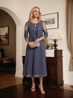 A-line Scoop Tea-Length Lace Chiffon Mother of the Bride Dress With Sequins by Dreamylily