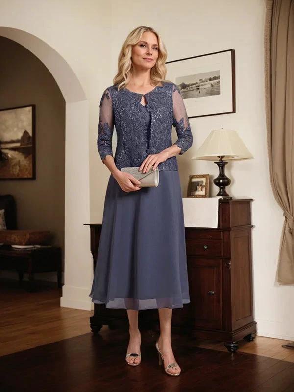 A-line Scoop Tea-Length Lace Chiffon Mother of the Bride Dress With Sequins by Dreamylily