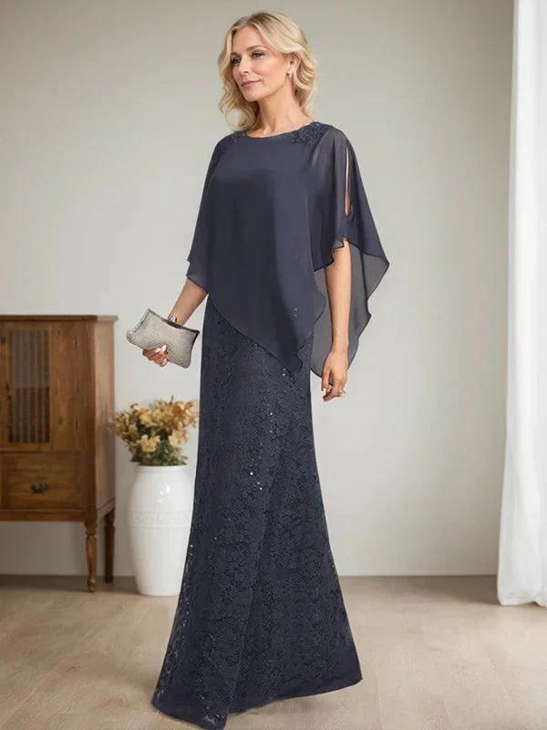 Sheath/Column Scoop Floor-Length Chiffon Lace Mother of the Bride Dress With Sequins Beading by Dreamylily