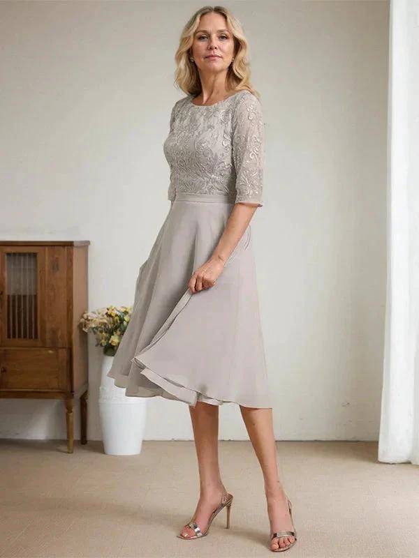A-line Scoop Knee-Length Lace Chiffon Mother of the Bride Dress by Dreamylily