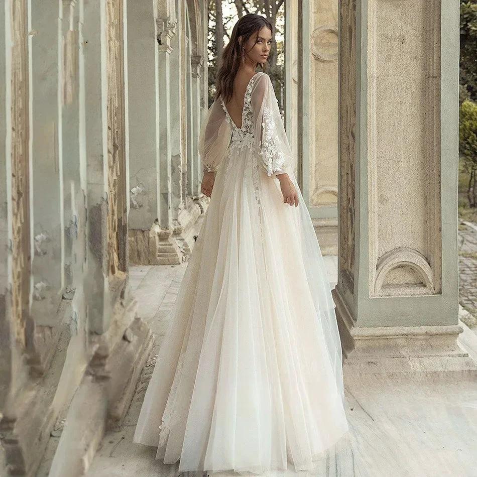 Elegant A-Line Wedding Dress Puff Sleeve Romantic Bridal Backless Beaded Appliques V-Neck Bride Dresses Vestido Noiva by payinti