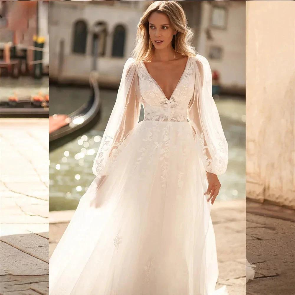 Sexy V Neck Lace Wedding Dresses 2024 Simple Long Puff Sleeves Bride Gowns Appliques Backless Robe De Marié Custom Made by payinti