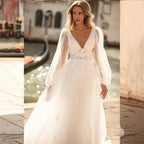 Sexy V Neck Lace Wedding Dresses 2024 Simple Long Puff Sleeves Bride Gowns Appliques Backless Robe De Marié Custom Made by payinti