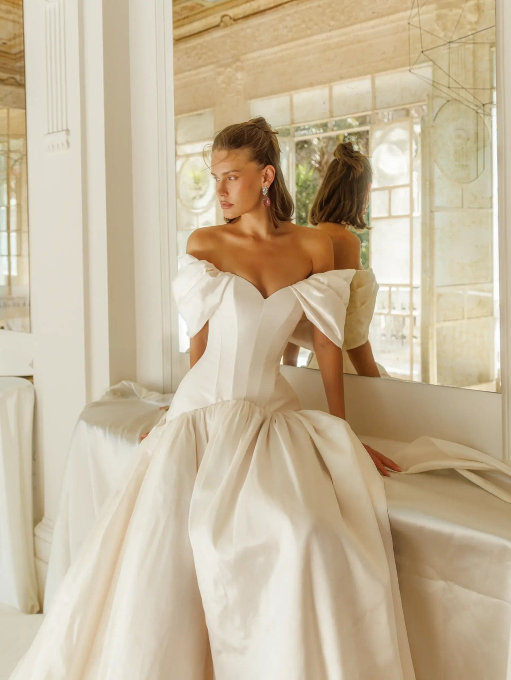 Romantic White Satin Off-the-Shoulder Puff Sleeve Ball Gown Wedding Dress SW192