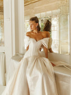 Romantic White Satin Off-the-Shoulder Puff Sleeve Ball Gown Wedding Dress SW192