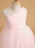 Enchanted Blush A-Line Princess Flower Girl Dress | One-Shoulder Tulle Gown w… - photo 3