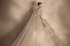 Regal High Neck Puff Sleeve Tulle Wedding Dress with Sequin Embroidery & Layered Ruffle Train Q6020 by ZAPDRESS