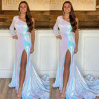 Stunning Long Sleeves Mermaid One Shoulder Prom Dresses with High Split by BIZTUNNEL