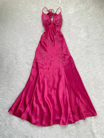 Vestido de noche largo rosa intenso con cuentas, encantador, vestido de fiesta Y7526