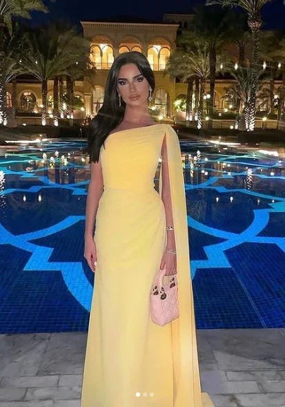 Elegant One Shoulder Chiffon Long Prom Dress Yellow Evening Dress Y7524 by simplepromdress