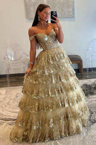 Leona | Schulterfreies Ballkleid im Prinzessinnen-Stil mit Pailletten und Spitze