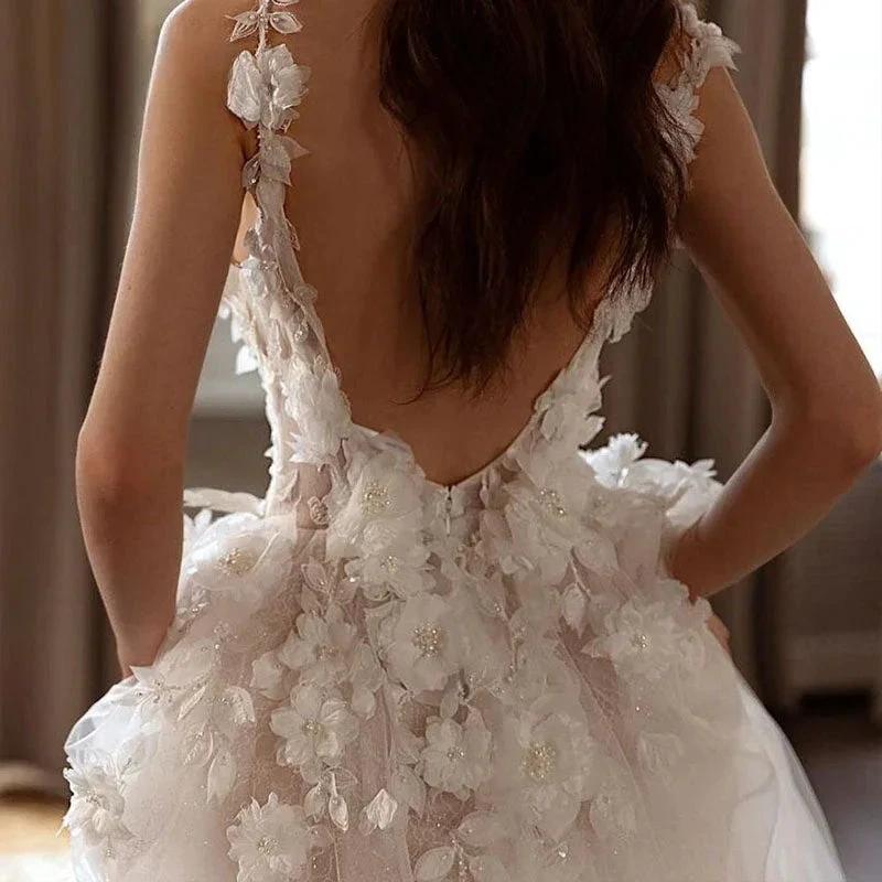 Sexy Backless Wedding Dresses For Woman V Neck Appliques Bridal Gowns Bohemian Princess Customize Tulle Vestidos by payinti