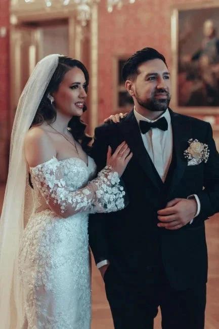 Exquisite Long Mermaid Off-the-shoulder Lace Wedding Dress with Long Sleeves by misshow.com