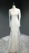 V-neck long sleeved luxurious nail bead trailing bridal veil by ZAPDRESS