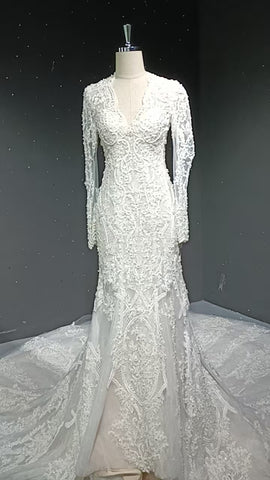 V-neck long sleeved luxurious nail bead trailing bridal veil