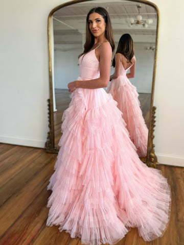 Alianna | Vestido de fiesta de tul escalonado con tirantes finos y corte A 